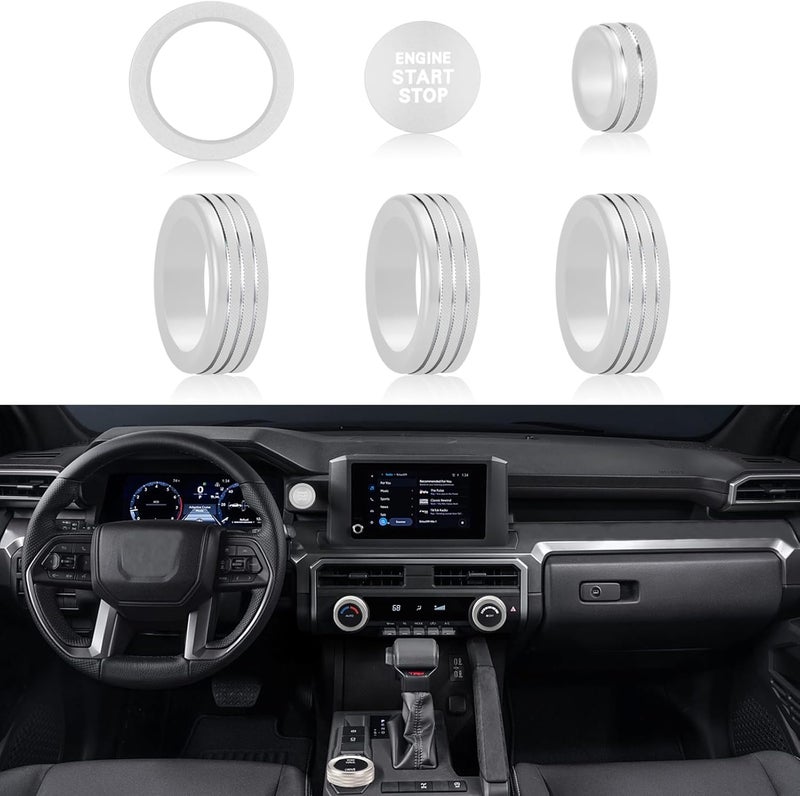HDUFC For Toyota Tacoma 2024 2025/4Runner/4Runner Hybrid 2025 One Touch Start, Screen Center Console Button Knob Cover Ring Air Conditioner AC Switch Audio Aluminum Alloy Parts 6pcs (8-inch screen, silver) - Image 1