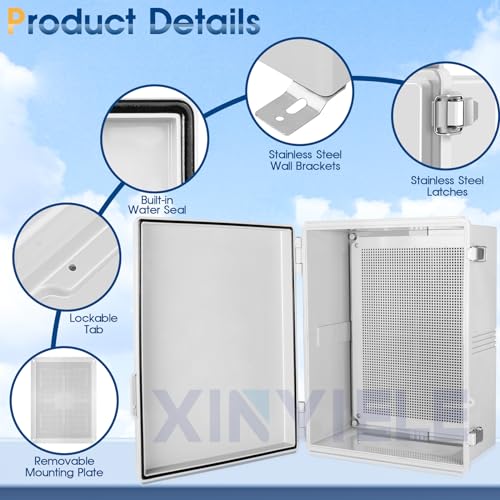XINYIELE Waterproof Outdoor Project ABS Plastic Junction Box IP67 Weatherproof Dustproof Enclosure with Hinged Cover, Mounting Plate,Wall Brackets for Power Project (Grey,17.7"x13.8"x7.9") - Image 3
