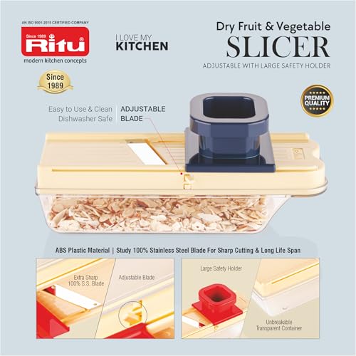 RITU Adjustable Slicer with Large Safety Holder | Dual Stainless Steel Blades | Spiral Vegetable Cutter for Salad, Fruits, Potatoes, Carrots | Multipurpose Kitchen Tool | Easy to Use - Image 4