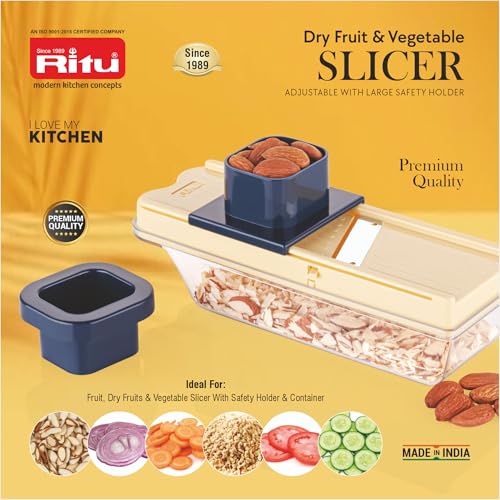 RITU Adjustable Slicer with Large Safety Holder | Dual Stainless Steel Blades | Spiral Vegetable Cutter for Salad, Fruits, Potatoes, Carrots | Multipurpose Kitchen Tool | Easy to Use - Image 2