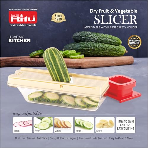 RITU Adjustable Slicer with Large Safety Holder | Dual Stainless Steel Blades | Spiral Vegetable Cutter for Salad, Fruits, Potatoes, Carrots | Multipurpose Kitchen Tool | Easy to Use - Image 3
