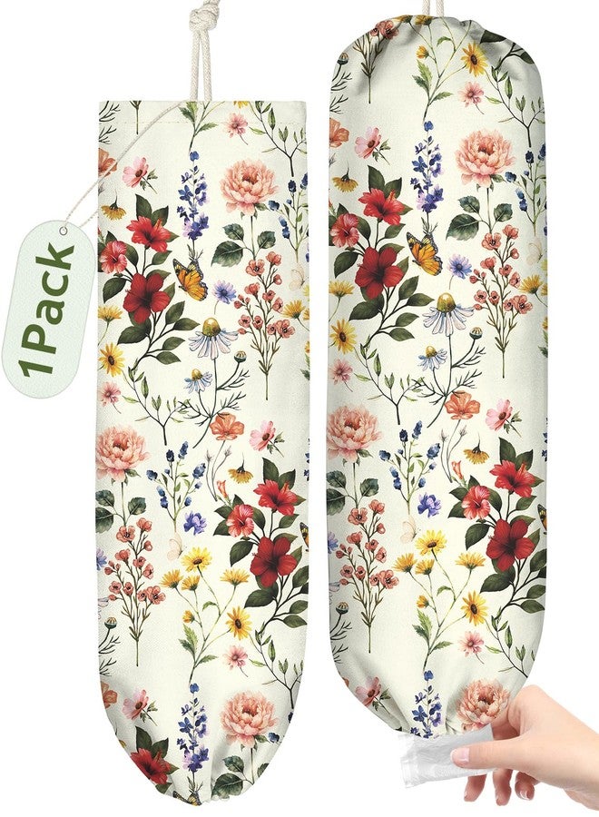 Kokaaee Plastic Bag Holder, Grocery Bag Organizer - 1 Pack Cute Kitchen Dispenser Holders Reusable Shopping Western Hanging Wall with Adjustment Drawstring Closure for Women Home, Floral - Image 1