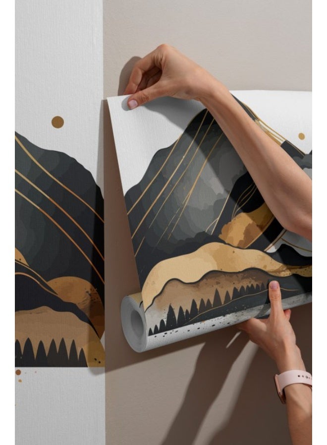 Home Gallery Golden Colors Mountain Vector Fabric Wallpaper Covers An Area ​​Up To 4.2Mx3M With Adhesive  And Smoothing Tool  - Image 1