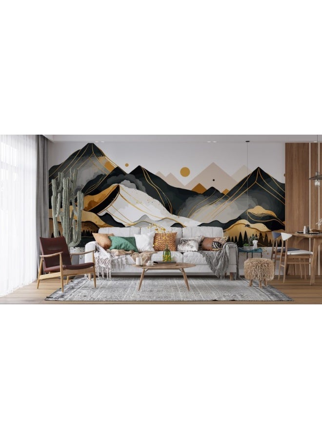 Home Gallery Golden Colors Mountain Vector Fabric Wallpaper Covers An Area ​​Up To 4.2Mx3M With Adhesive  And Smoothing Tool  - Image 3