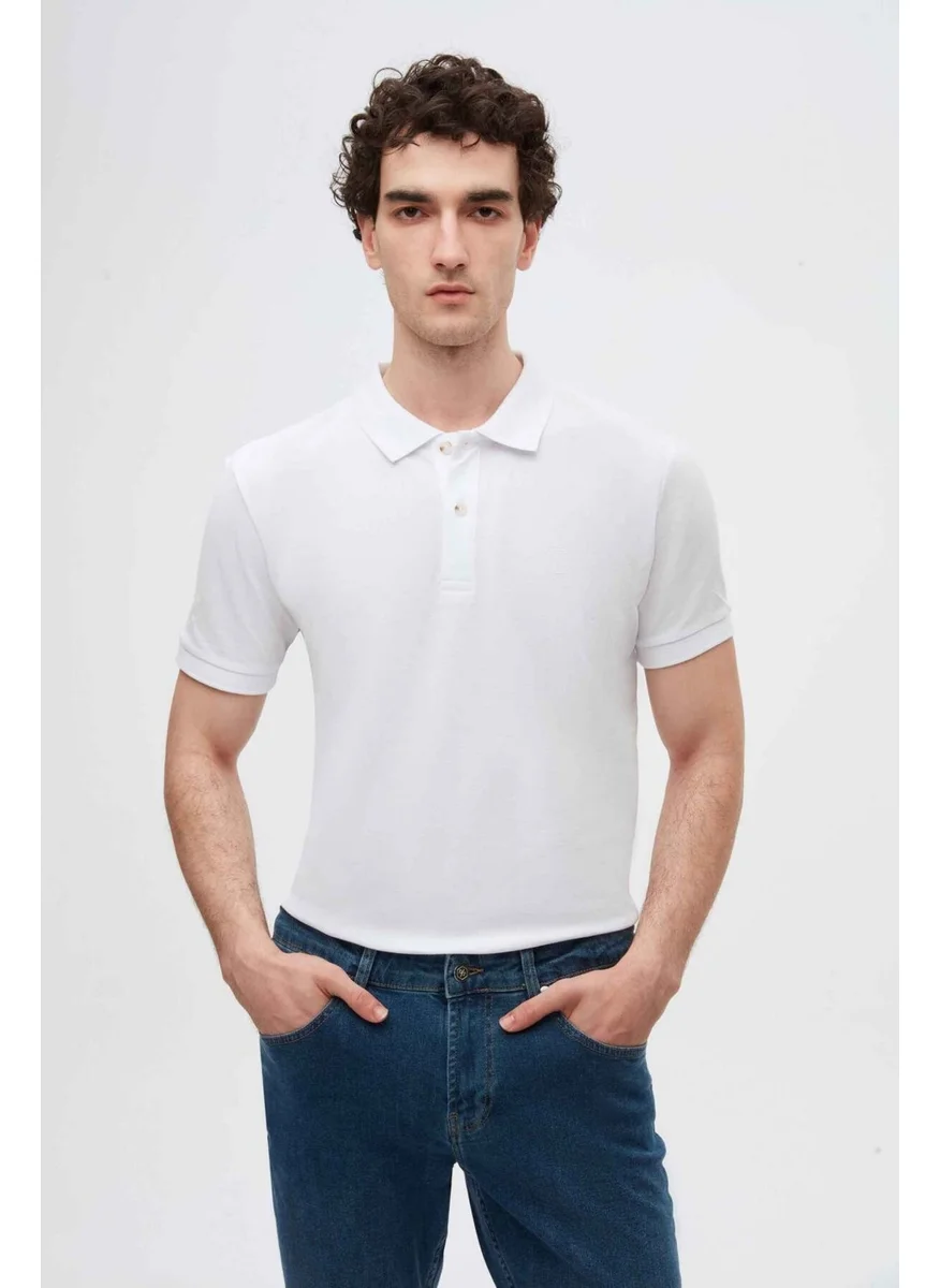 D'S DAMAT Regular Fit White Pique Textured 100% Cotton Non-Curl Polo Collar Embroidered T-Shirt 4HC14ORT51000