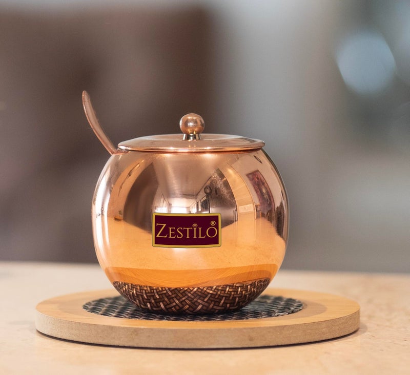 ZESTILO Copper Coated Ghee container with spoon, ghee container, ghee pot, oil dispenser for kitchen, ghee pot steel Oil Dispenser, Copper Finish Orange 275 ml - Image 1
