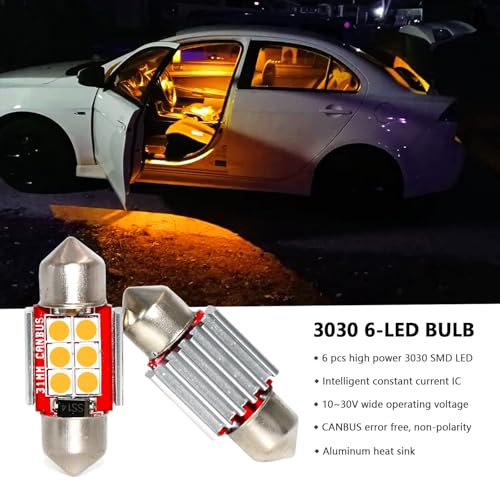 PHINLION DE3175 Amber Yellow LED Light Bulbs, Super Bright Festoon 31mm DE 3175 3021 3022 Miniature LED Bulb for Car Interior Door Map Dome Reading Trunk Step Courtesy Light, Pack of 4 - Image 3