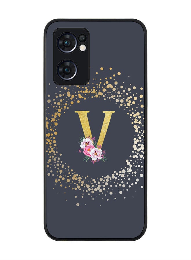 Stylizedd Rugged Black edge case for Oppo Reno7 5G  Slim fit Soft Case Flexible Rubber Edges Anti Drop TPU Gel Thin Cover - Custom Monogram Initial Letter Floral Pattern Alphabet - V (Grey ) - Image 1