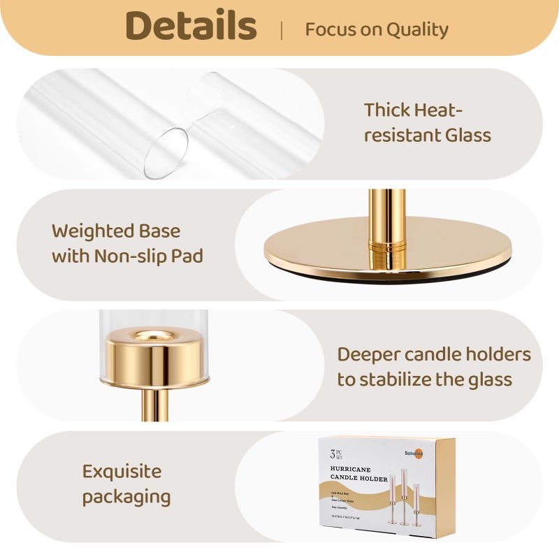 Batoslee Gold Hurricane Candle Holders Set of 6, Tall Metal Windproof Glass Taper Candle Holder for Candlestick, Candle Sticks Decor, Table Centerpieces for Wedding, Candlelit Dinner Party Fireplace Decoration - Image 3