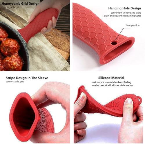 Intatikoo 3 Pack Silicone Cast Iron Skillet Handle Cover - Heat Resistant Pot Handle Sleeve Grip for Frying Pans, Griddles, Dutch Ovens & Baking Sheets (Red) - Image 3