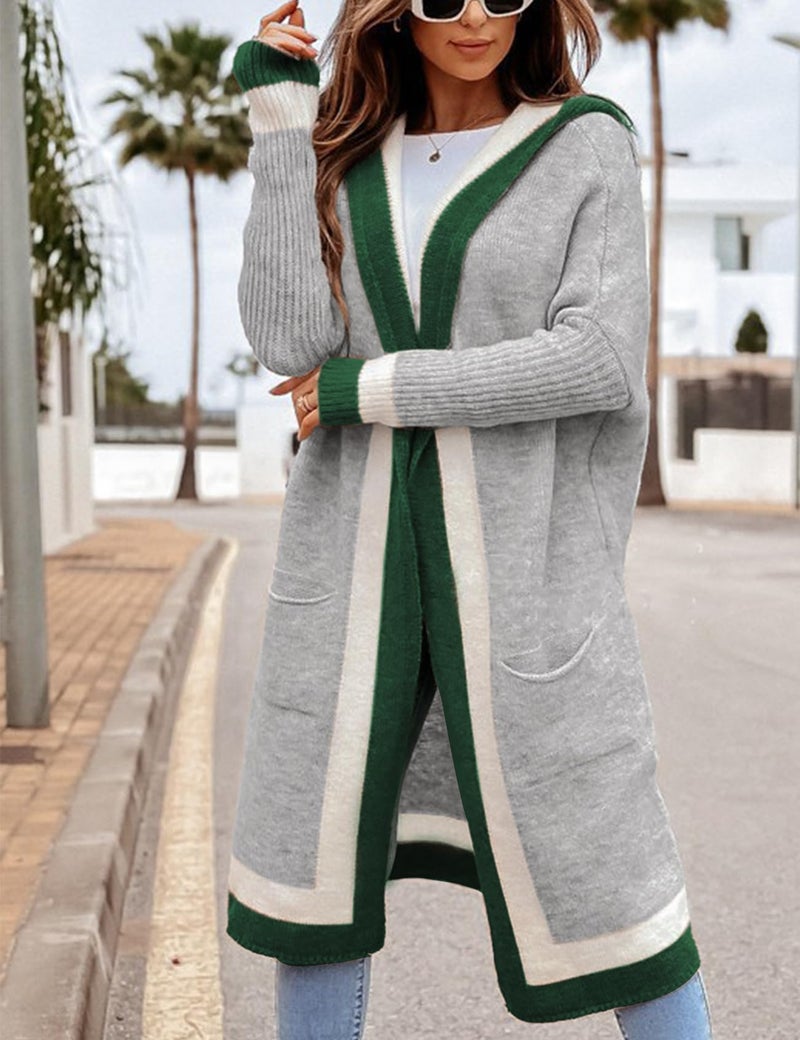 Yimoon Womens Long Cardigan Sweater Color Block Open Front Hooded Cardigan Oversized Knit Sweater Outwear(Grey-Small) - Image 2