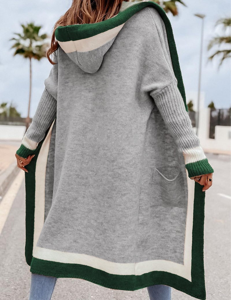 Yimoon Womens Long Cardigan Sweater Color Block Open Front Hooded Cardigan Oversized Knit Sweater Outwear(Grey-Small) - Image 3
