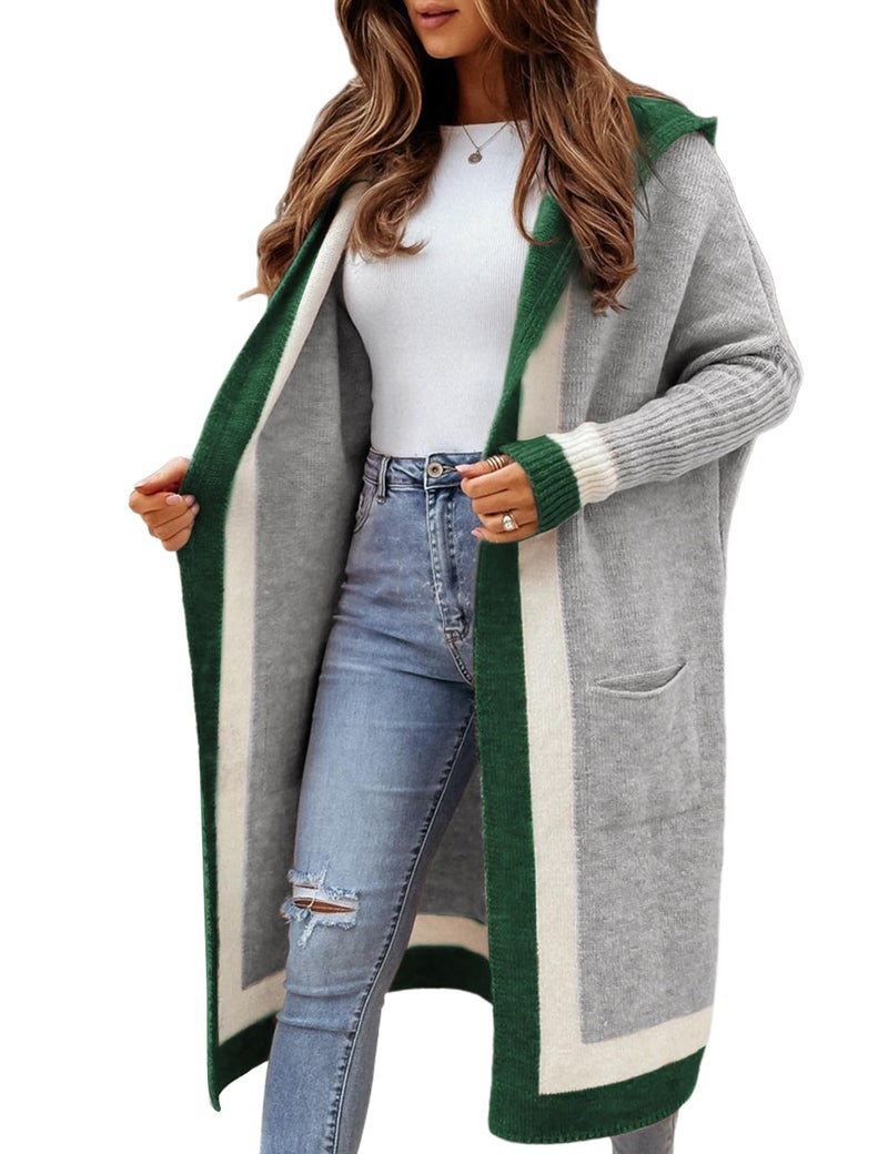 Yimoon Womens Long Cardigan Sweater Color Block Open Front Hooded Cardigan Oversized Knit Sweater Outwear(Grey-Small) - Image 1