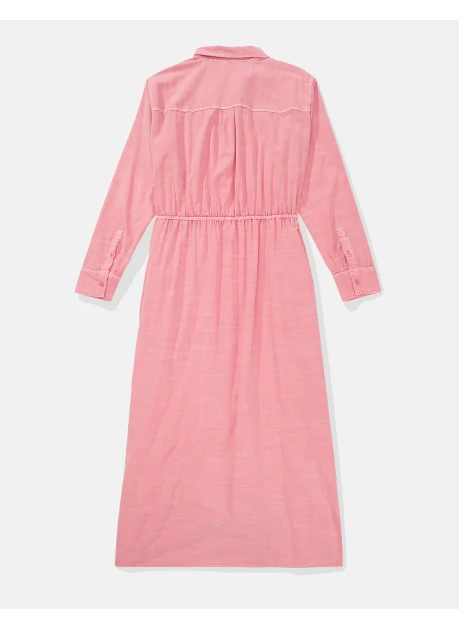 American Eagle AE Long-Sleeve Faux Wrap Midi Shirt Dress