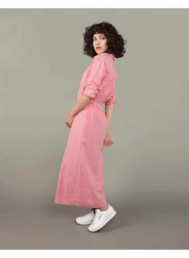 American Eagle AE Long-Sleeve Faux Wrap Midi Shirt Dress