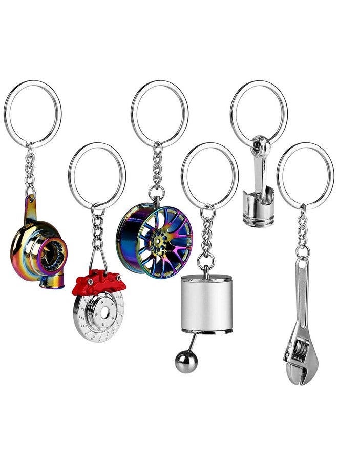 HNYYZL Auto Parts Metal Key Chain 6 Pcs Auto Part Model Keychain Set Turbo Keychain Manual Shift Box Keychain Brake Rotor Keychain Wheel Tire Rim Keychain Engine Piston Keychain Wrench Keychain  - Image 1