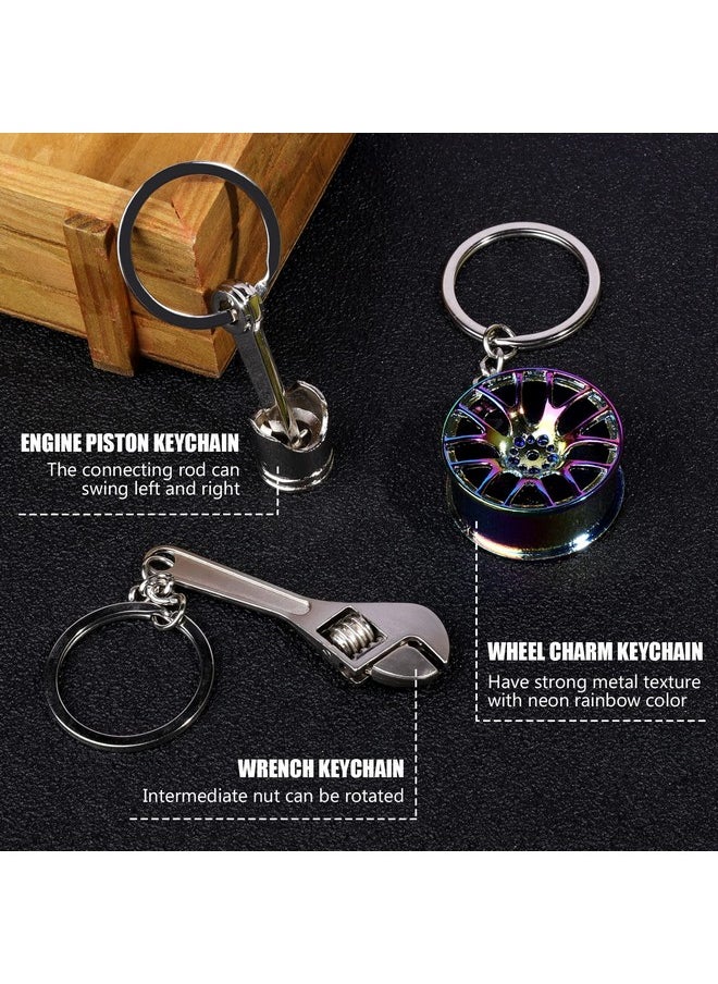 HNYYZL Auto Parts Metal Key Chain 6 Pcs Auto Part Model Keychain Set Turbo Keychain Manual Shift Box Keychain Brake Rotor Keychain Wheel Tire Rim Keychain Engine Piston Keychain Wrench Keychain  - Image 3