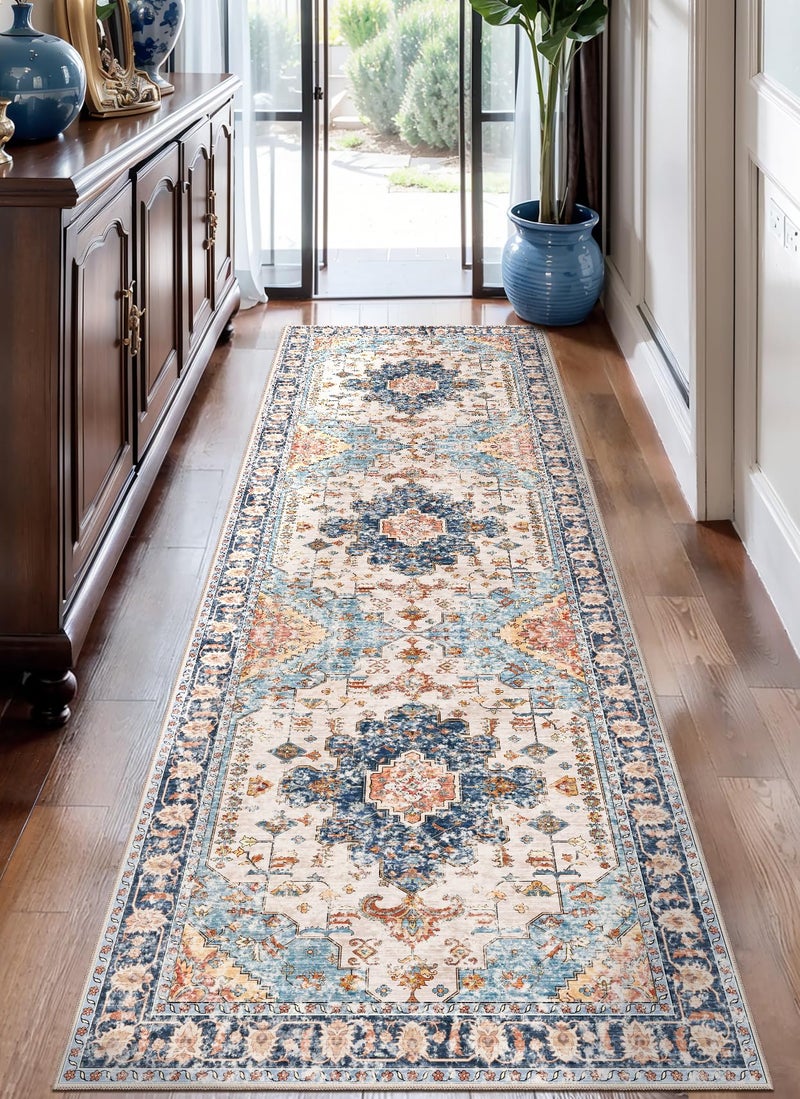 Tangsoo 2.6x8 Washable Runner Rug for Hallways  Non Slip Vintage Runner Rug  Soft Low Pile Long Rug Runner  Print Distressed Navy Carpet Runners for Kitchen Bedroom Entryway Bathroom Living Room - Image 1