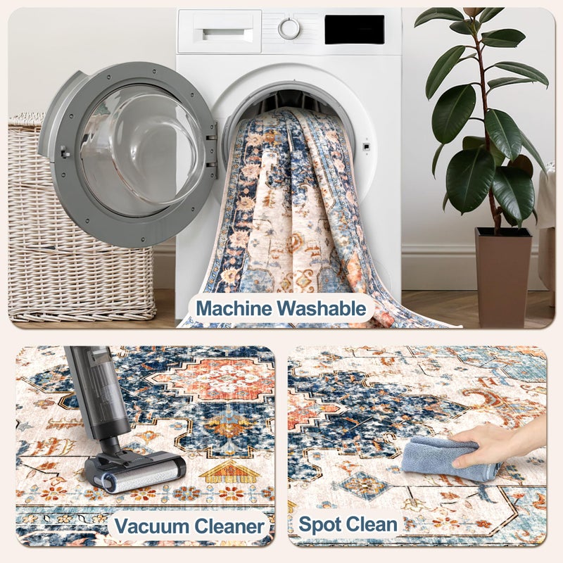 Tangsoo 2.6x8 Washable Runner Rug for Hallways  Non Slip Vintage Runner Rug  Soft Low Pile Long Rug Runner  Print Distressed Navy Carpet Runners for Kitchen Bedroom Entryway Bathroom Living Room - Image 4