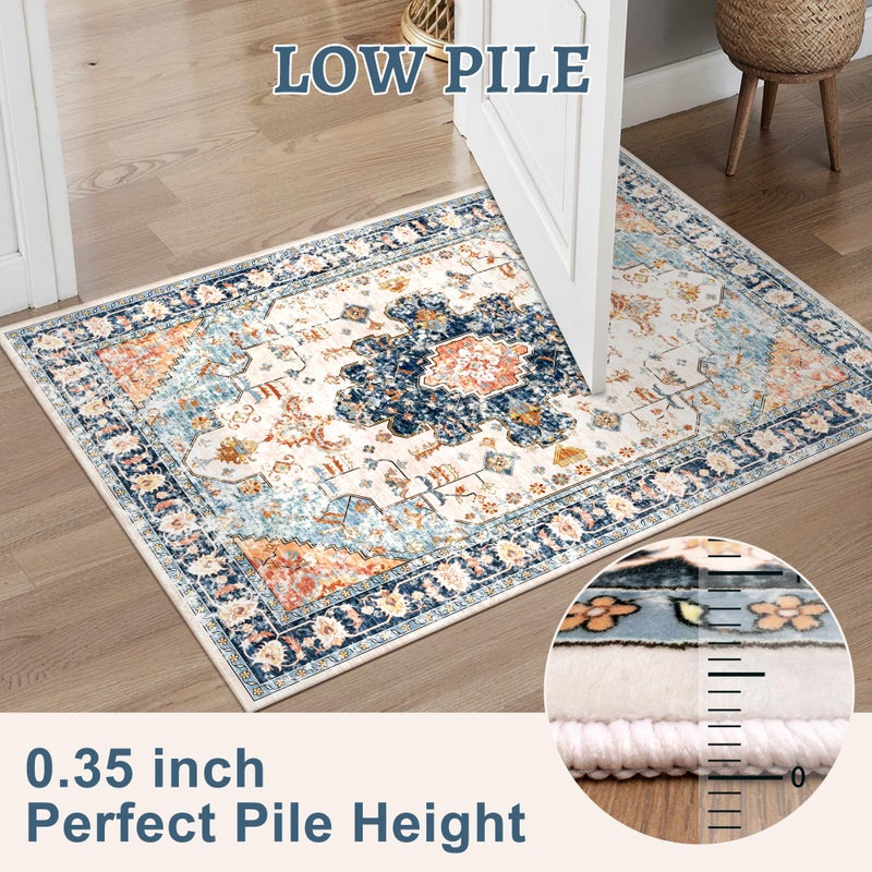 Tangsoo 2.6x8 Washable Runner Rug for Hallways  Non Slip Vintage Runner Rug  Soft Low Pile Long Rug Runner  Print Distressed Navy Carpet Runners for Kitchen Bedroom Entryway Bathroom Living Room - Image 3