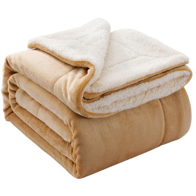 REVERSIBLE SHERPA FLANNEL BLANKET SUPER SOFT FUZZY LIGHTWEIGHT FLEECE MICROFIBER FOR BEDCOUCH 50X60BEIGE