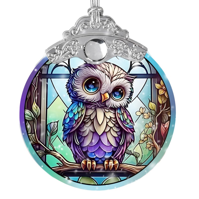 Jocidea البومة ملون الزجاج الشمس Suncatcher Jocidea Owl Owl Owl Owl Own Armants Ollays Ollays Ollays Christmas Tree Tree Decors Decors لعشاق البومة - Image 1