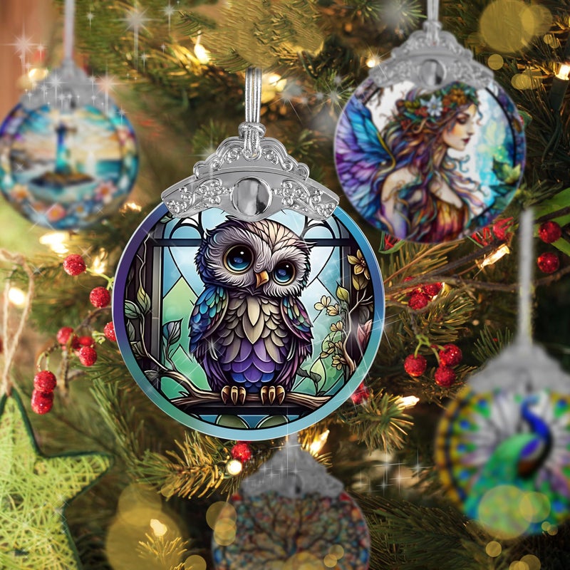 Jocidea البومة ملون الزجاج الشمس Suncatcher Jocidea Owl Owl Owl Owl Own Armants Ollays Ollays Ollays Christmas Tree Tree Decors Decors لعشاق البومة - Image 3