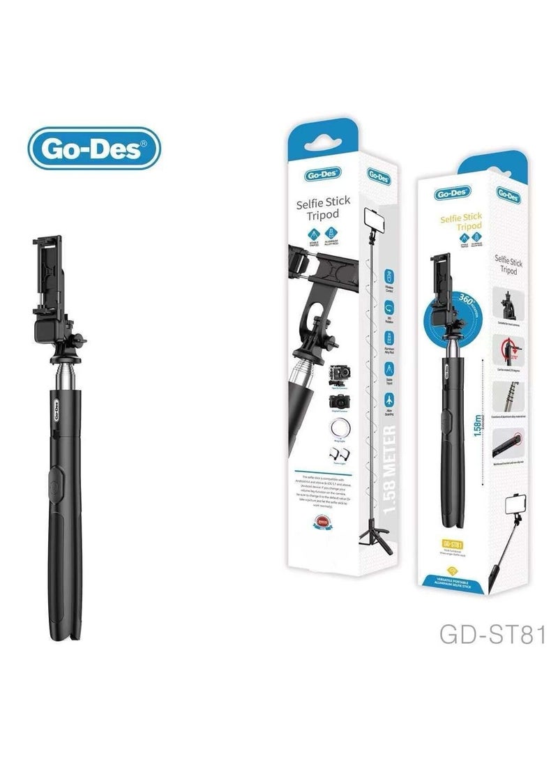 Go-Des Telescopic Tripod Selfie Stick With Wirelesss Control Camera For Outdoor Photography - Image 1