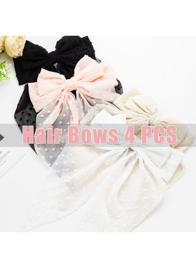 Seneeel Large Hair Bows 4 PCS Ribbon Bow for Women,Hair Bows for Women,Hair Ribbons,Oversized Long-tail Cute Aesthetic Hair Accessories,Large Hair Barrettes for Women（Beige, light pink, white, black） - Image 3