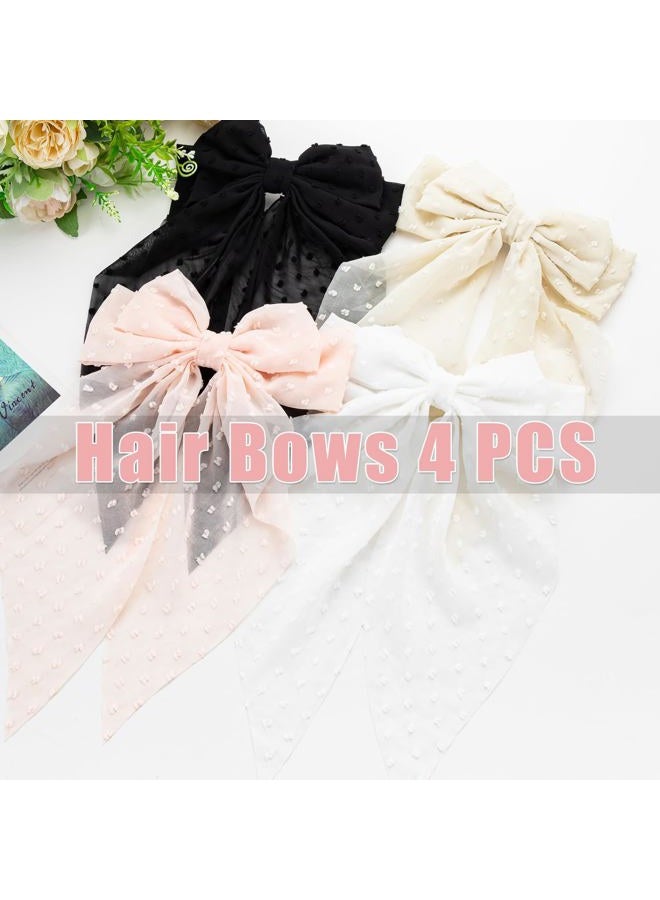 Seneeel Large Hair Bows 4 PCS Ribbon Bow for Women,Hair Bows for Women,Hair Ribbons,Oversized Long-tail Cute Aesthetic Hair Accessories,Large Hair Barrettes for Women（Beige, light pink, white, black） - Image 4