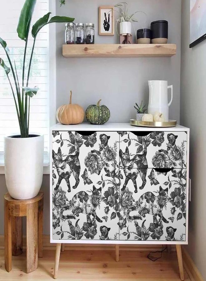 MuralPeel ورق جدران MuralPeel أسود وأبيض بتصميم عتيق، مزين بنقوش زهور وقطط وحيوانات وفراشات، سهل اللصق والإزالة، ورق لاصق ذاتي اللصق، مناسب لغرف النوم والخزائن، مناسب للمستأجرين - Image 5