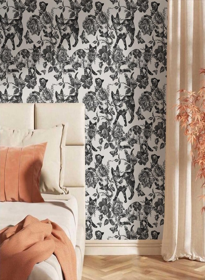 MuralPeel ورق جدران MuralPeel أسود وأبيض بتصميم عتيق، مزين بنقوش زهور وقطط وحيوانات وفراشات، سهل اللصق والإزالة، ورق لاصق ذاتي اللصق، مناسب لغرف النوم والخزائن، مناسب للمستأجرين - Image 2