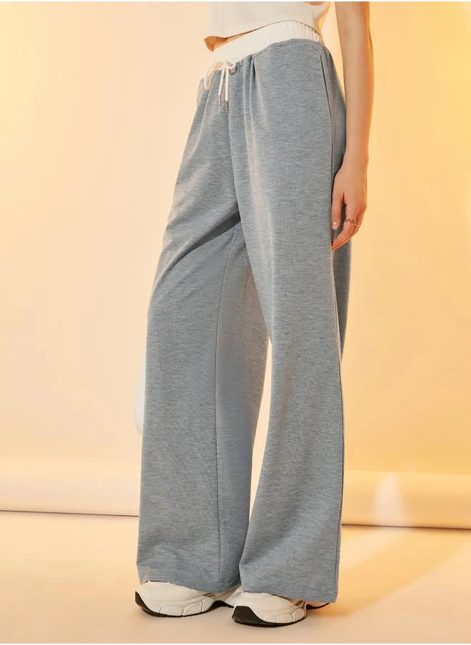 ستايلي Plain Contrast Waist Wide Leg Pants