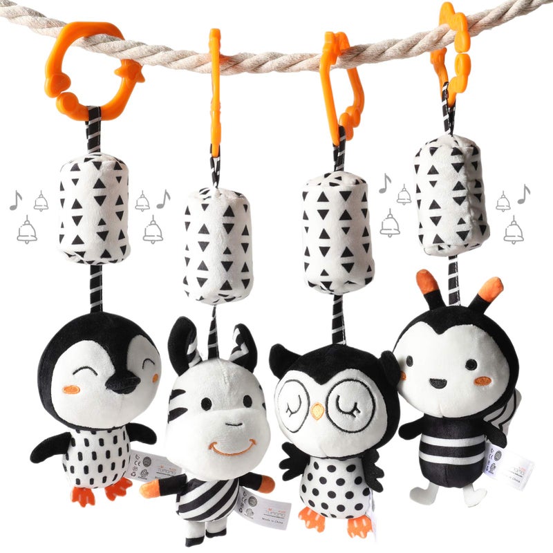 TUMAMA Black and White Baby Toys for 3 6 9 12 Months,Plush Hanging Rattles,Newborn Stroller Toys for Boys and Girls,4 Pack - Image 1