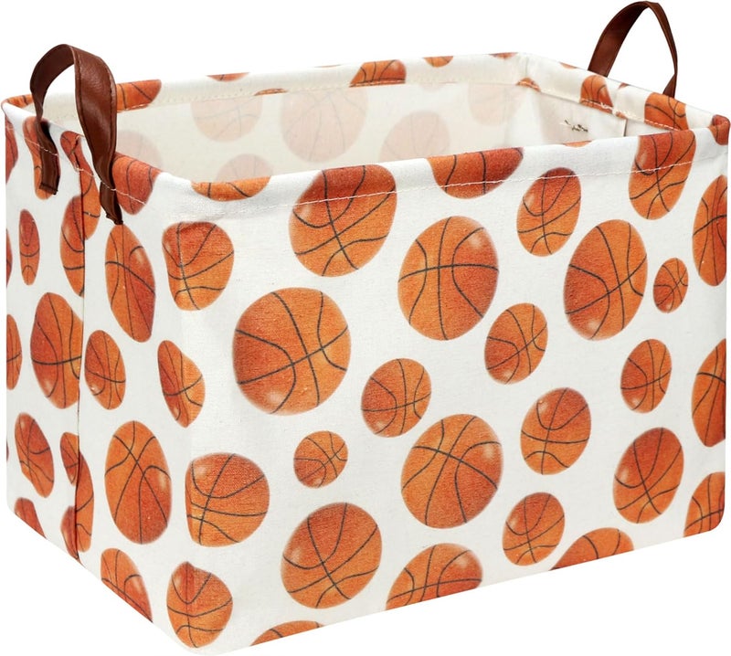 HKEC Rectangle Baksetball Print Storage Basket,Kid Toys Bin with Handles,Room Decor,Gift Basket(Basketball) - Image 1