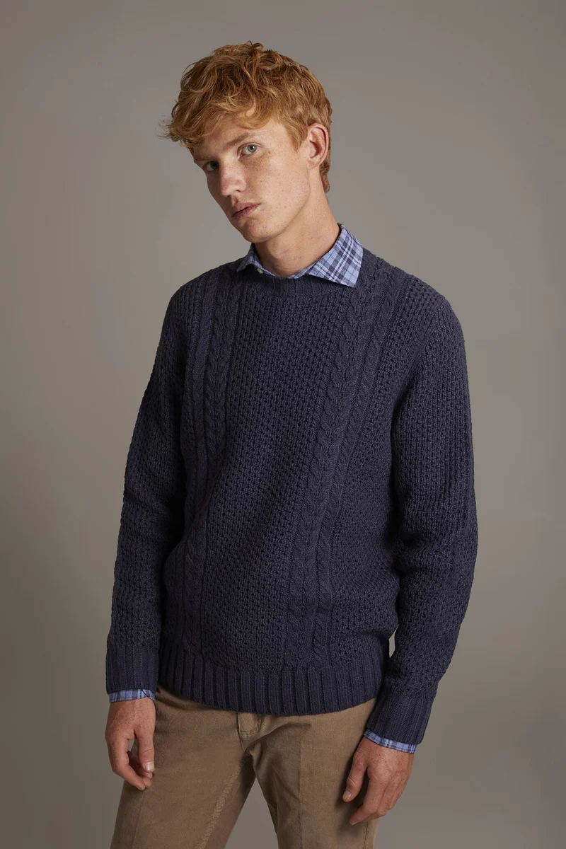 Doppelganger Grey Wool blend round neck sweater with honeycomb heavy knitting - Space for Men | Best Price UAE