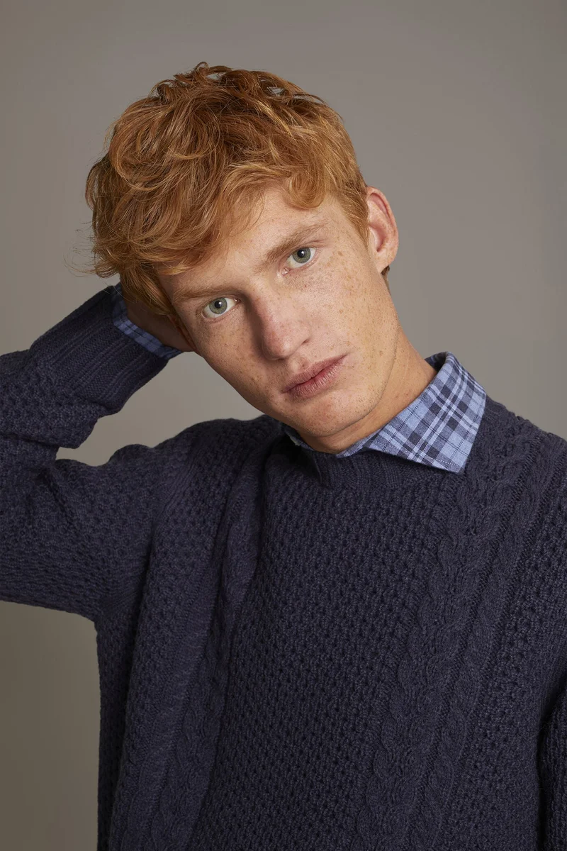 Doppelganger Grey Wool blend round neck sweater with honeycomb heavy knitting - Space for Men | Best Price UAE