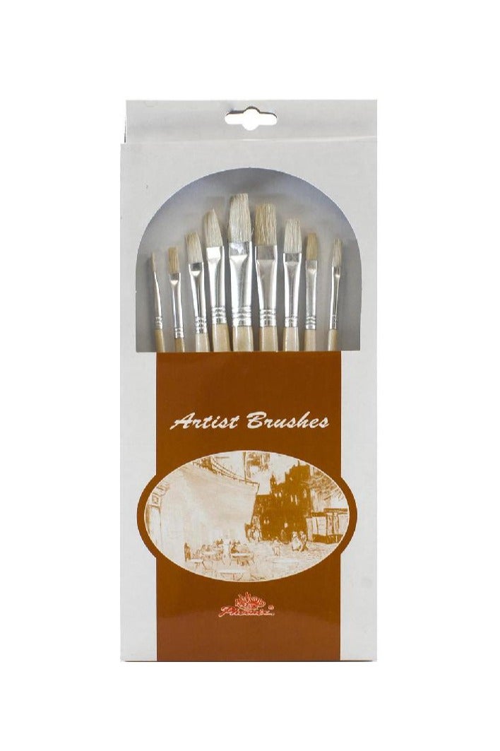 Phoenix Long Handle Artist Brush Bristle | Flat | For Oil and Acrylic | 9 Pieces