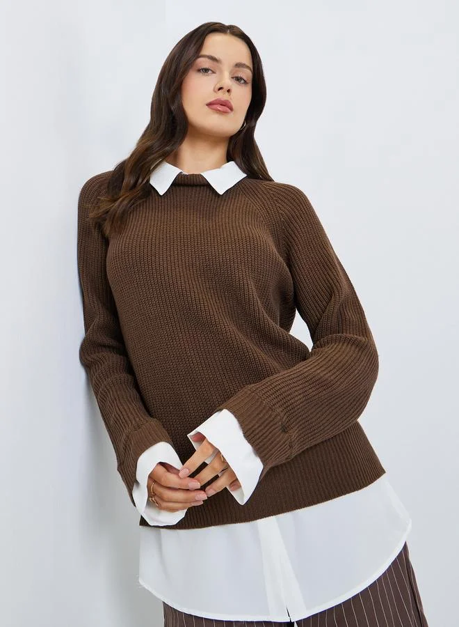 Brown Knitted Sweater with Shirt