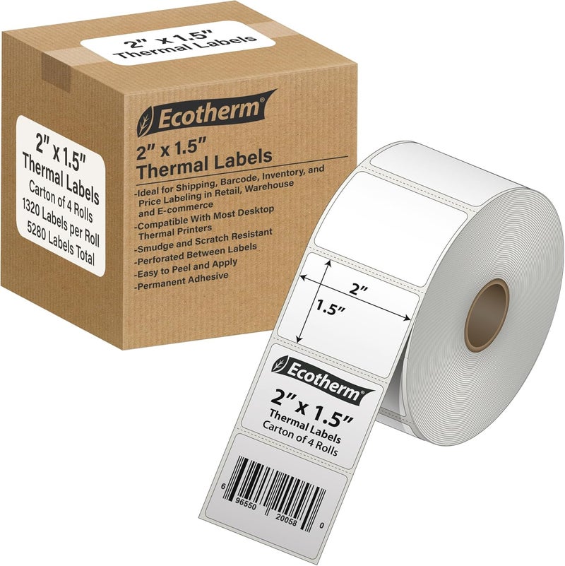 Ecotherm 2" x 1.5" Thermal Labels | 4 Rolls | 5280 Labels | fits Zebra, Munbyn, Rollo, Godex, Arkscan, iDPRT, Offnova Thermal Label Printers and More | Blank White Adhesive Stickers by - Image 1