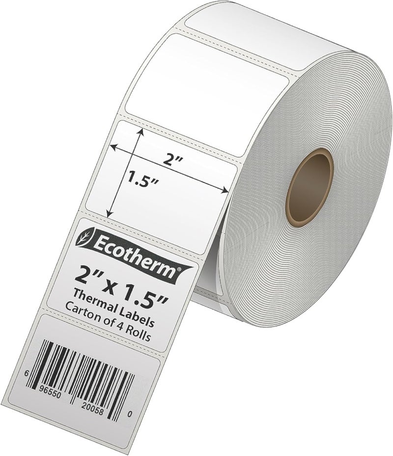 Ecotherm 2" x 1.5" Thermal Labels | 4 Rolls | 5280 Labels | fits Zebra, Munbyn, Rollo, Godex, Arkscan, iDPRT, Offnova Thermal Label Printers and More | Blank White Adhesive Stickers by - Image 2