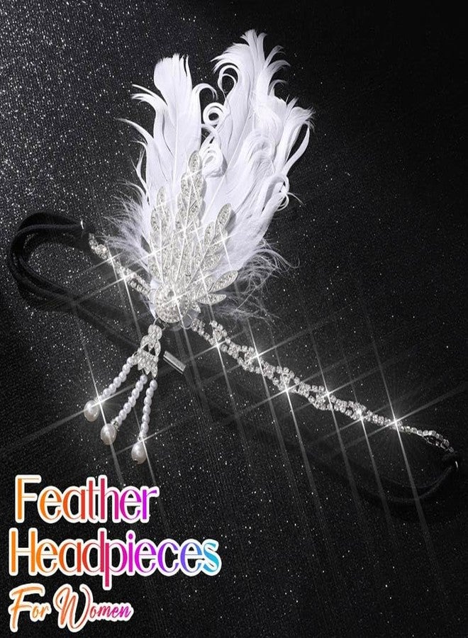 Latious Feather Headbands Black 1920s Fascinator Hairbands Vintage 20s Hair Accessories for Women (White) - Image 2