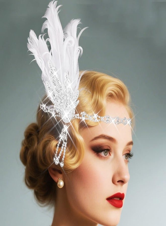 Latious Feather Headbands Black 1920s Fascinator Hairbands Vintage 20s Hair Accessories for Women (White) - Image 1