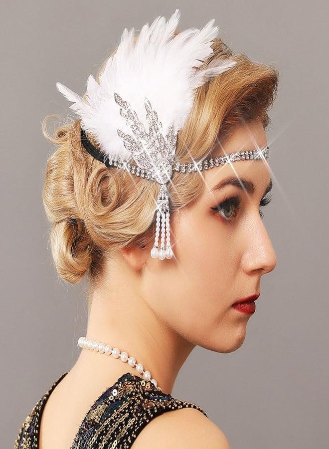 Latious Feather Headbands Black 1920s Fascinator Hairbands Vintage 20s Hair Accessories for Women (White) - Image 5