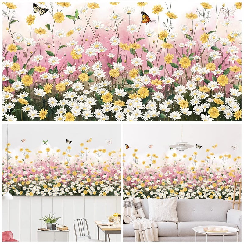 LiveGallery 2 Sheets Yellow Daisies Flowers Wall Decals Small Fresh White Chrysanthemum Wall Stickers Pink Gypsophila Wall Art Murals for Baby Kids Girls Bedroom Living Room Corners Skirting Lines Waist Lines - Image 3