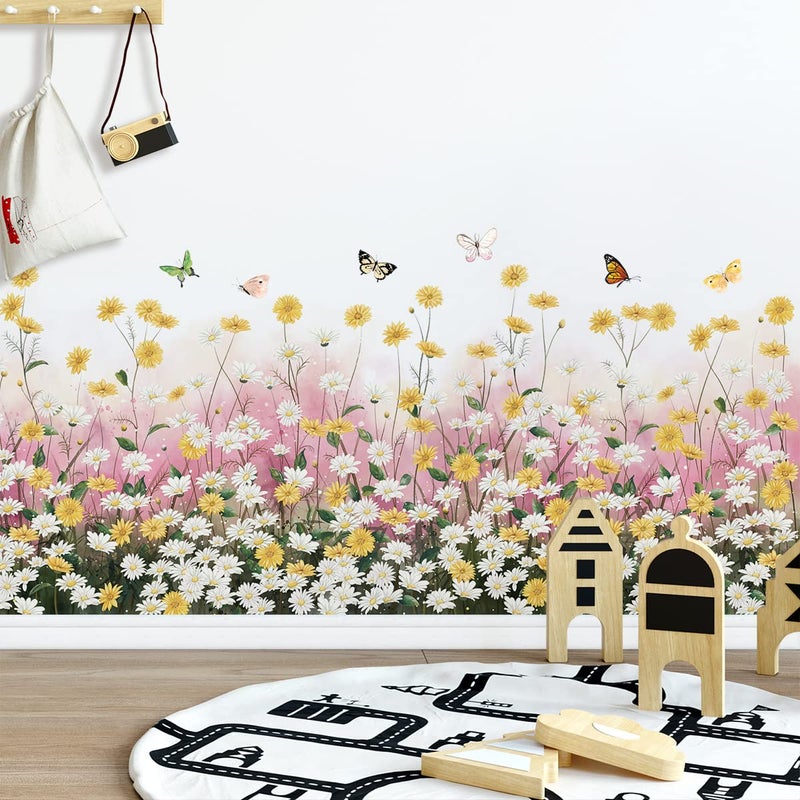 LiveGallery 2 Sheets Yellow Daisies Flowers Wall Decals Small Fresh White Chrysanthemum Wall Stickers Pink Gypsophila Wall Art Murals for Baby Kids Girls Bedroom Living Room Corners Skirting Lines Waist Lines - Image 5