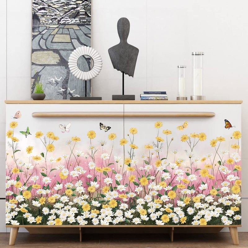 LiveGallery 2 Sheets Yellow Daisies Flowers Wall Decals Small Fresh White Chrysanthemum Wall Stickers Pink Gypsophila Wall Art Murals for Baby Kids Girls Bedroom Living Room Corners Skirting Lines Waist Lines - Image 4