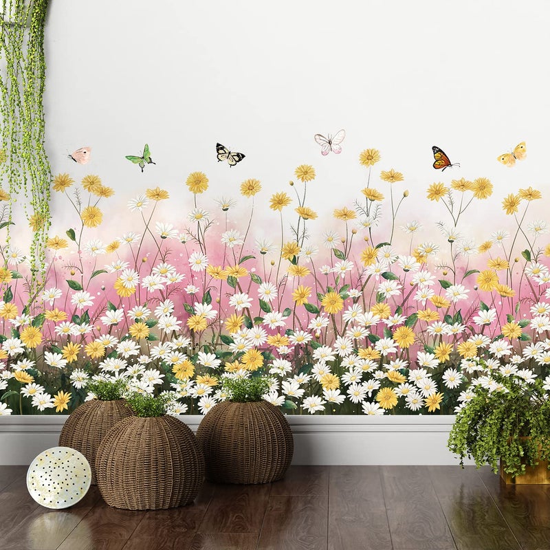 LiveGallery 2 Sheets Yellow Daisies Flowers Wall Decals Small Fresh White Chrysanthemum Wall Stickers Pink Gypsophila Wall Art Murals for Baby Kids Girls Bedroom Living Room Corners Skirting Lines Waist Lines - Image 1