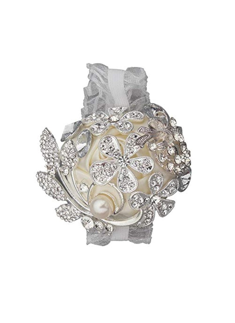 DOTKV DOTKV Artificial Wrist Silk Flower Boutonniere Wrist Bouquet Corsage Flower with Peal and Diamond for Wedding DecorCocktail Party 1pcs SilverIvory_Wrist 