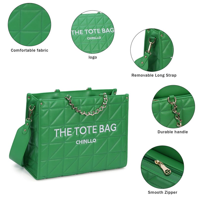 Chinllo Tote Bag for Women Quilted Chains Satchel Purse and Handbags with Shoulder Strap (E.Green-M) - Image 3